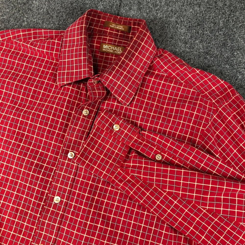 MICHAEL Michael Kors XL‎ Plaid Button Down Dress Shirt Long Sleeve Red White